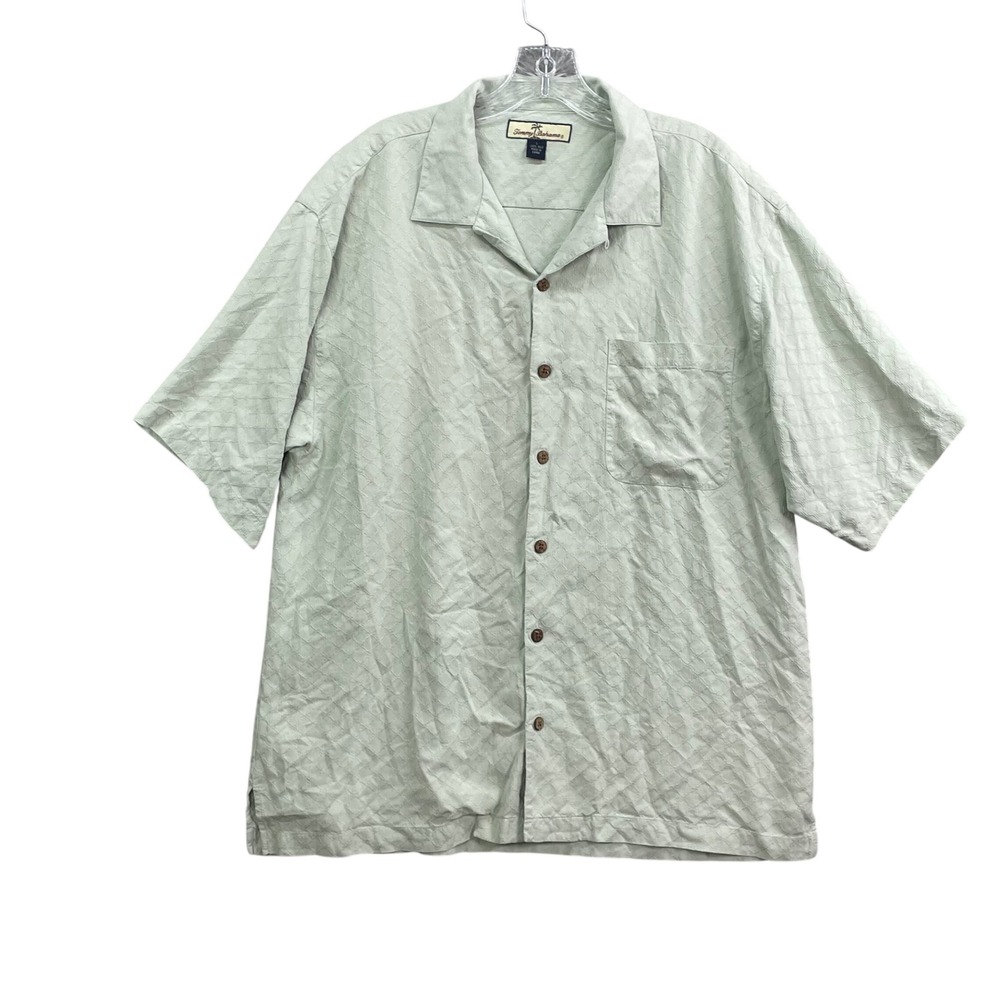 Tommy Bahama Silk Shirt Mens Large Green Geometric Jacquard Camp Hawaiian Travel